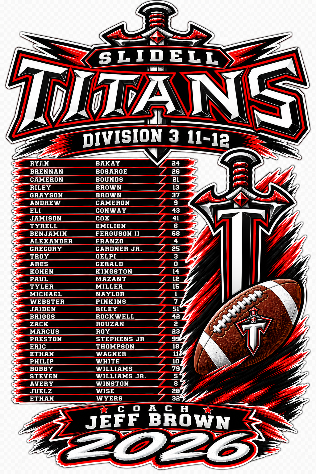 Titans Football Shield Logo 1 w/ Roster on Back